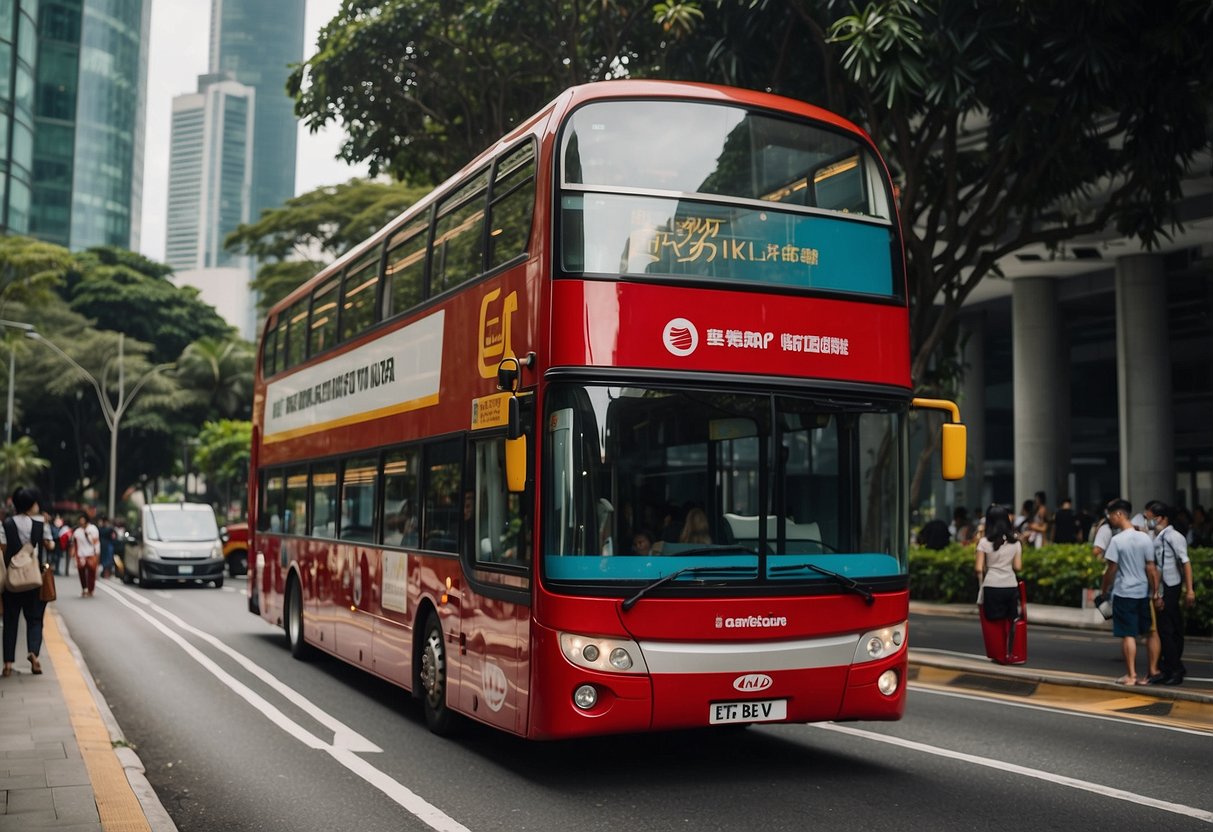 A double-decker bus drives through Singapore's iconic landmarks, with a queue of tourists waiting to board. The bus is adorned with the company's logo and "Frequently Asked Questions" banner
