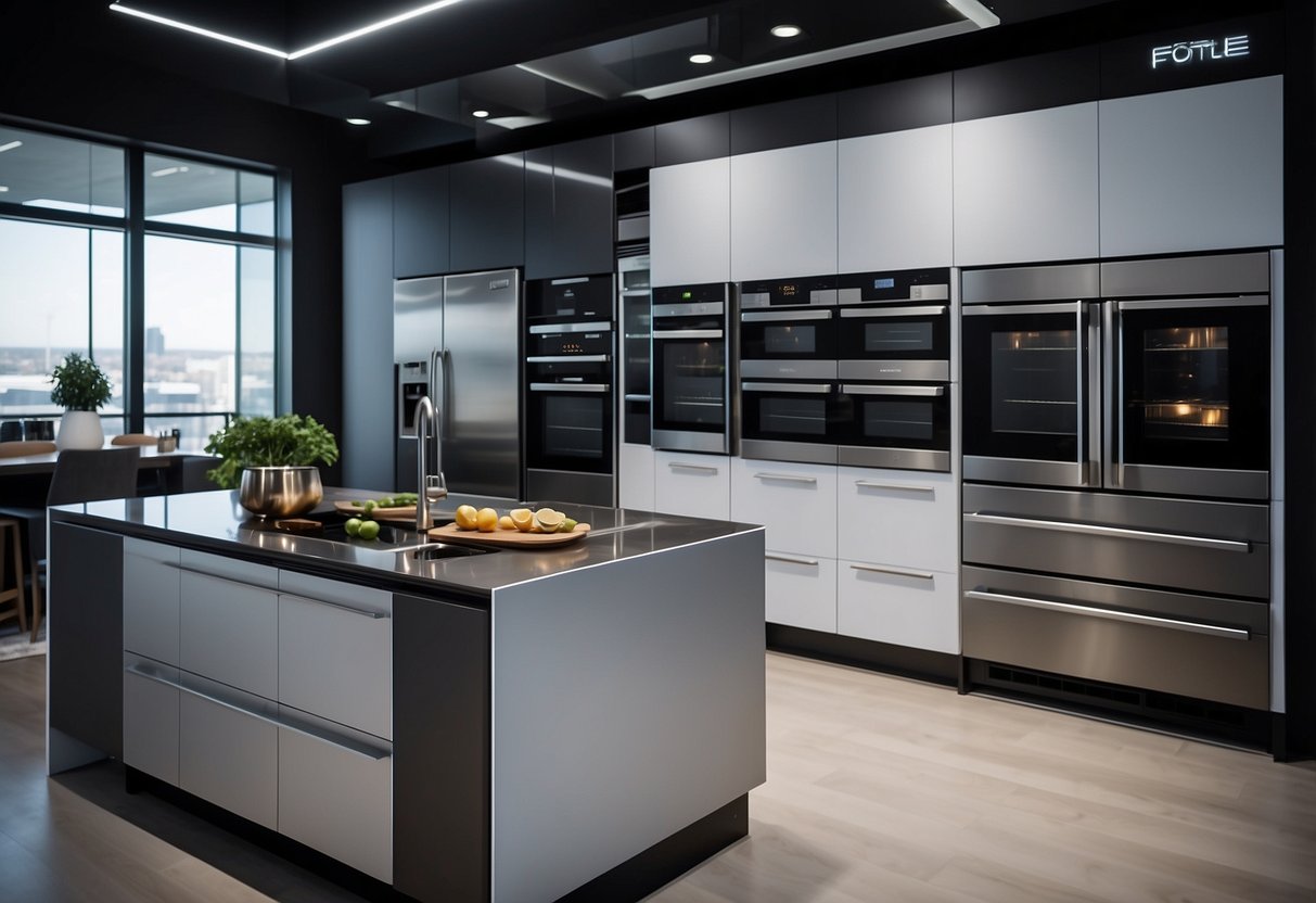 Fotile's innovative kitchen appliances on display in a modern, sleek showroom. Bright lighting highlights the cutting-edge design and functionality