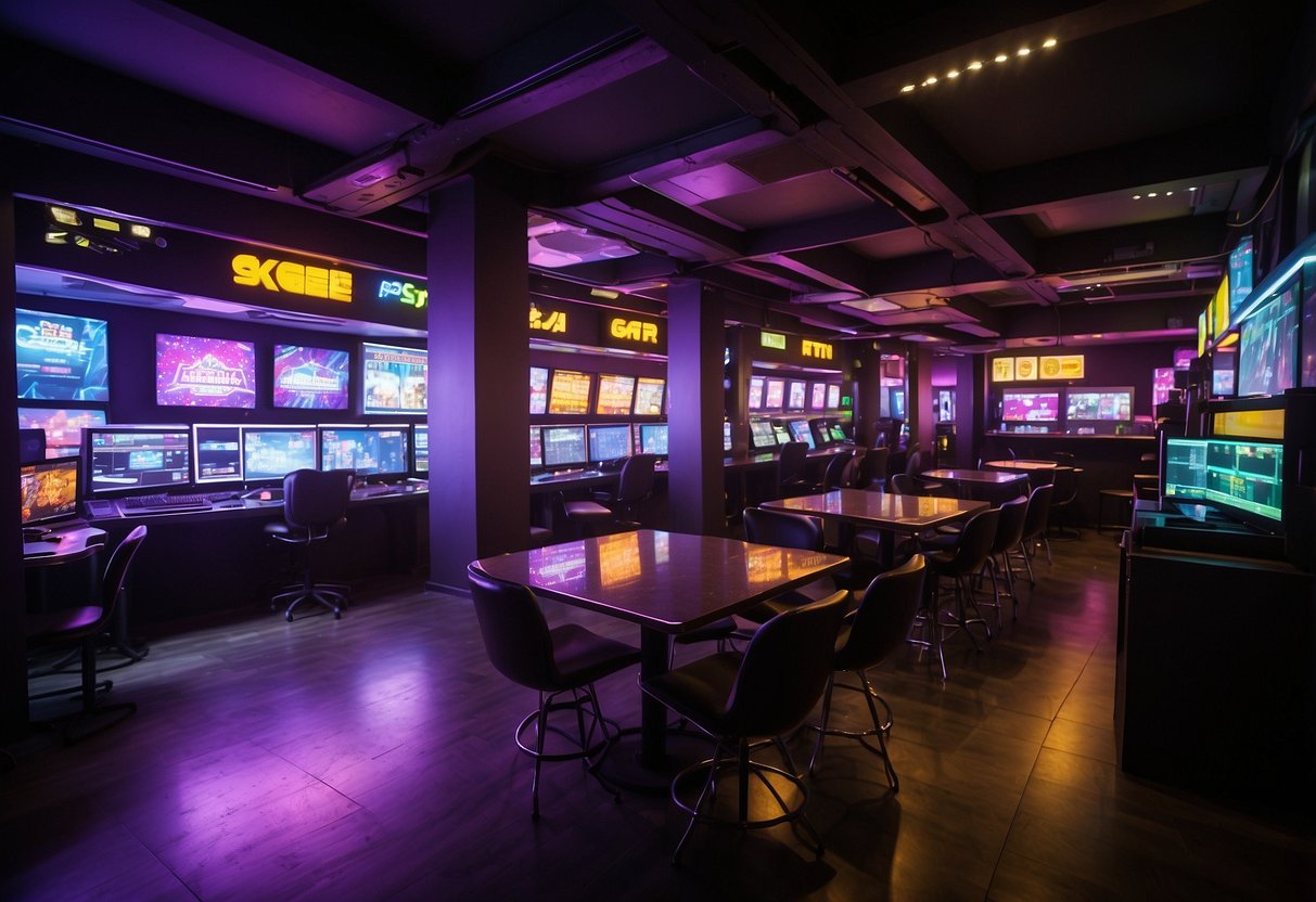 A bustling gaming cafe in Singapore, with rows of high-tech computers and colorful neon lights creating a vibrant and energetic atmosphere