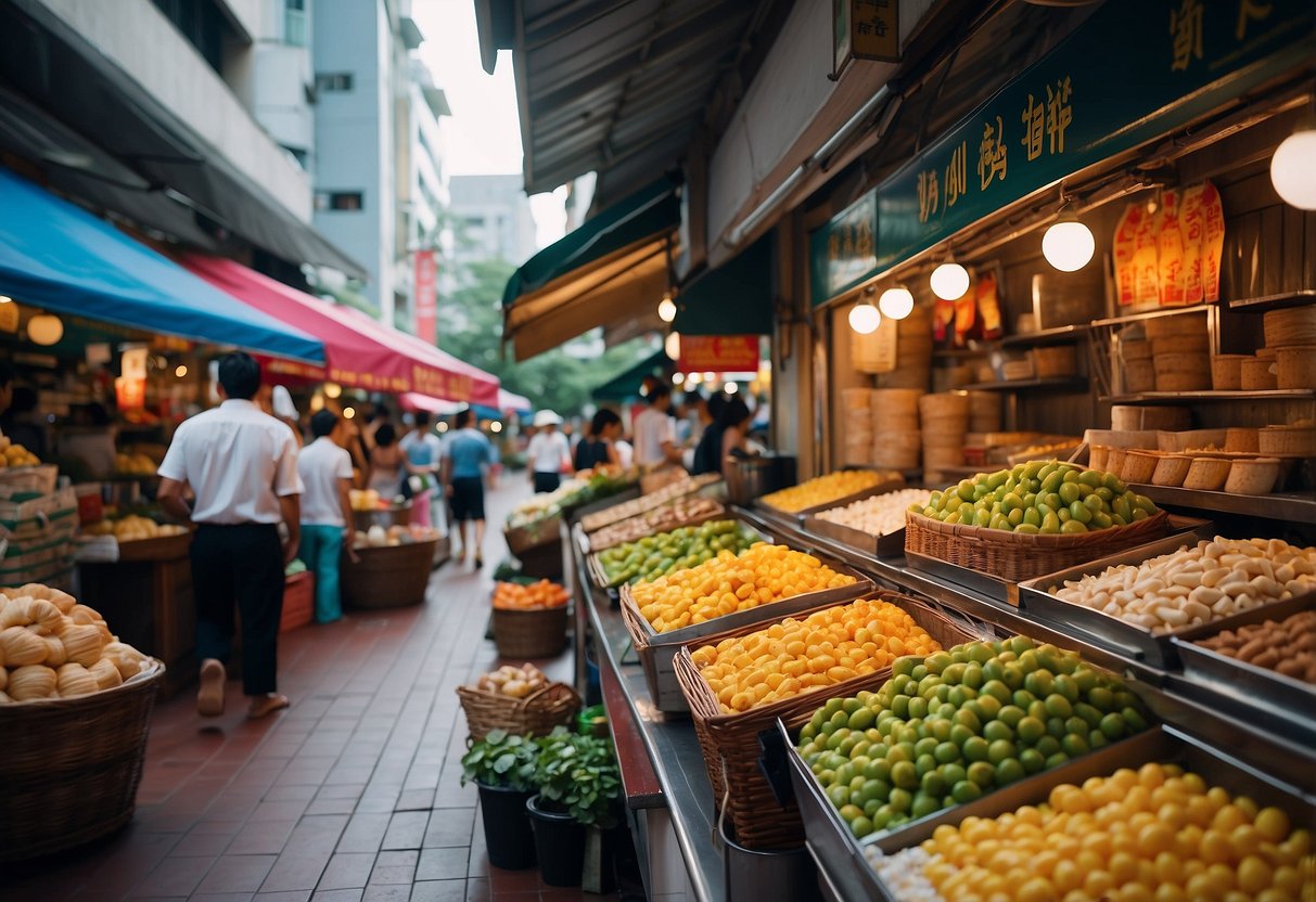 A bustling Singapore market with colorful storefronts, featuring a prominent Fotile display with sleek kitchen appliances