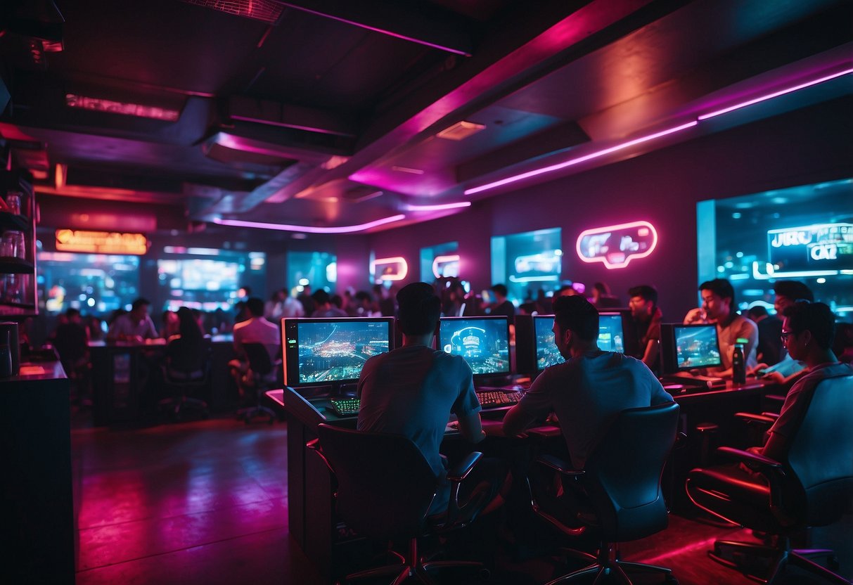 Gamers gather around sleek computers, sipping drinks in a vibrant Singapore gaming cafe. Neon lights illuminate the space, while futuristic decor adds to the high-tech atmosphere