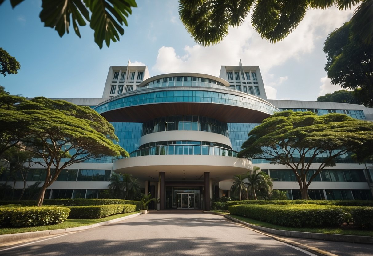 The Gleneagles Hospital in Singapore stands tall with its modern architecture and lush greenery surrounding the building. The clear blue sky and the warm sunlight create a serene and welcoming atmosphere