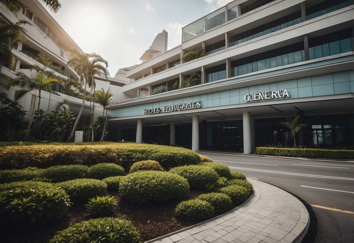 The Gleneagles Hospital in Singapore is a modern, sleek building with a prominent sign and a bustling entrance