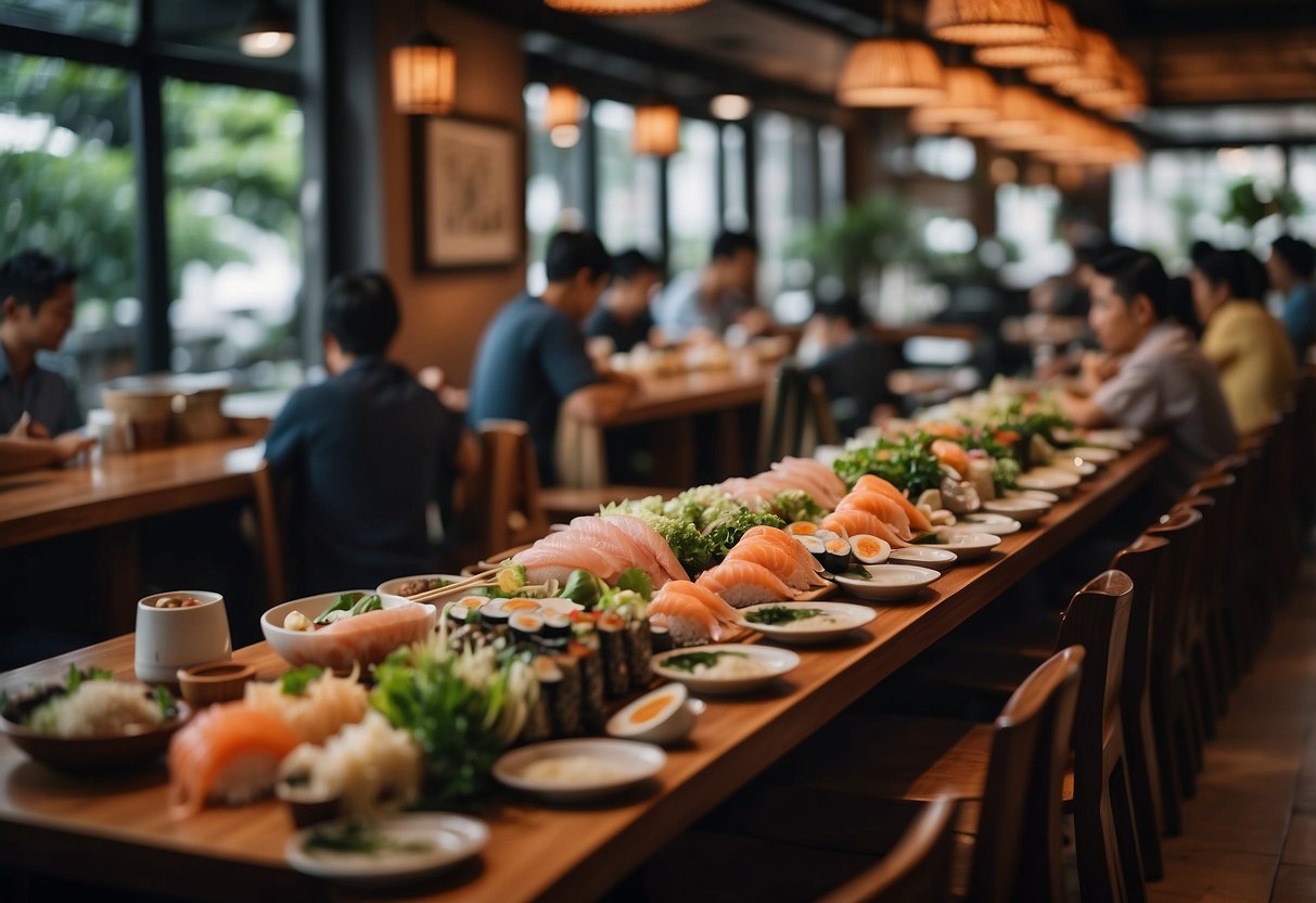 A bustling Japanese restaurant in Singapore, with traditional decor, wooden tables, and a sushi bar. Customers enjoy fresh sashimi and hot bowls of ramen