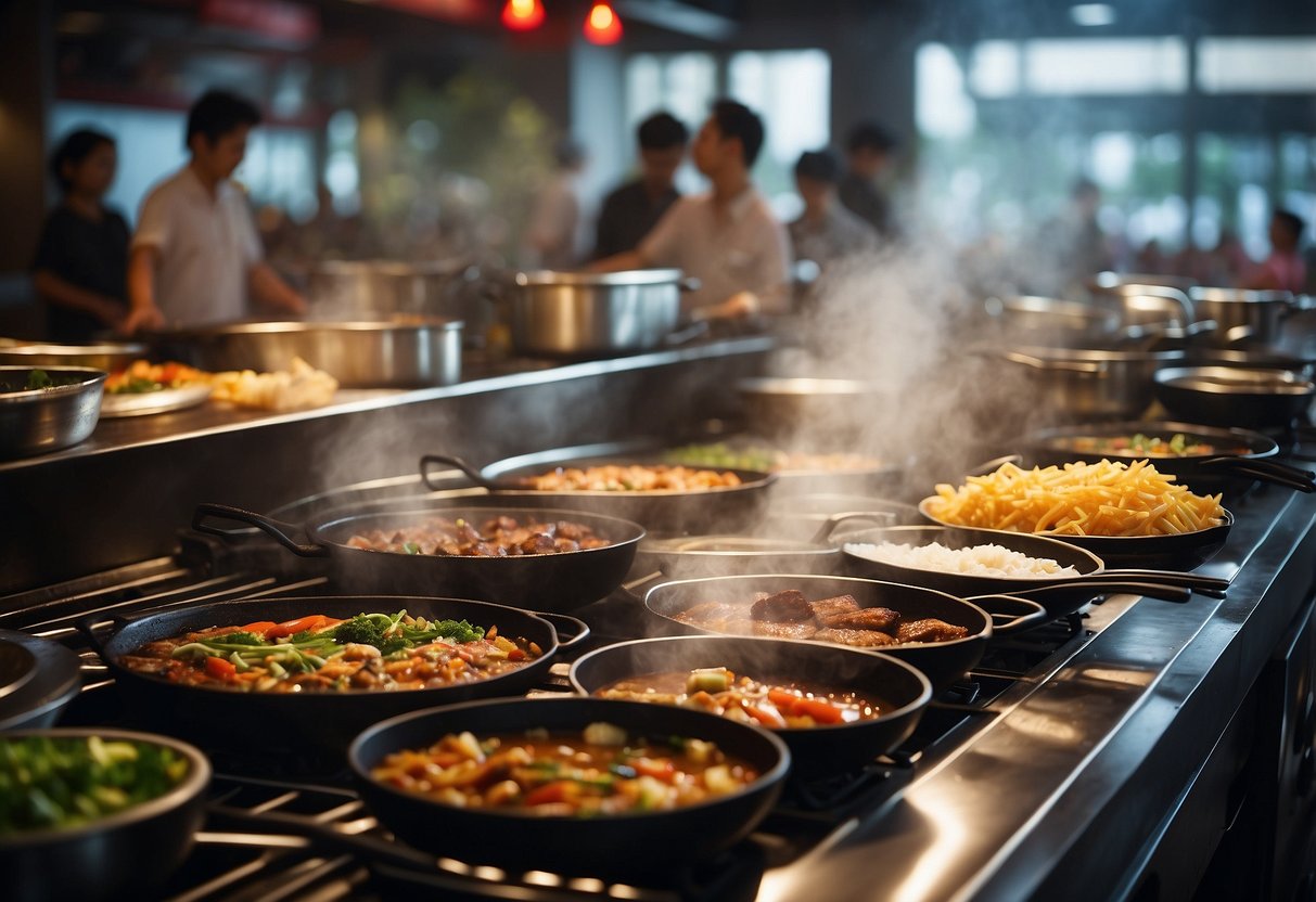 A bustling Korean restaurant in Singapore, with colorful traditional decor, sizzling grills, and steaming hot pots on every table