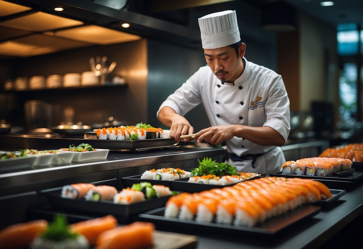 A chef prepares sushi in a bustling Japanese restaurant in Singapore. Sizzling teppanyaki and colorful bento boxes line the counter