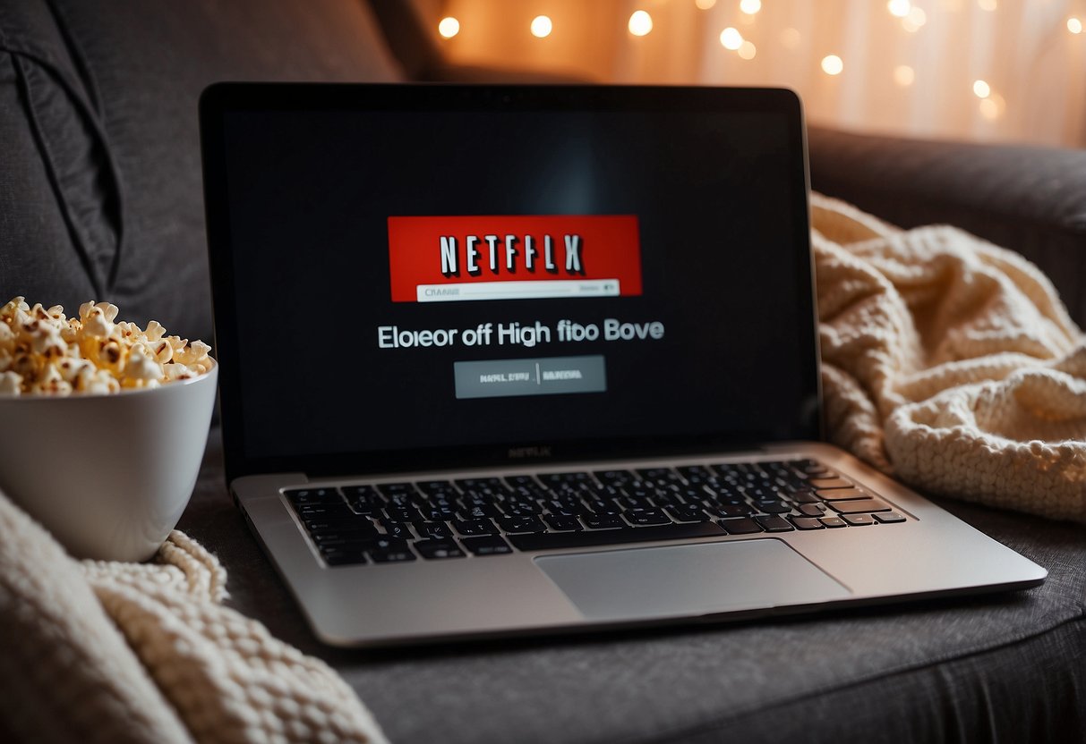 A laptop with a Netflix homepage displayed, surrounded by cozy blankets and a bowl of popcorn