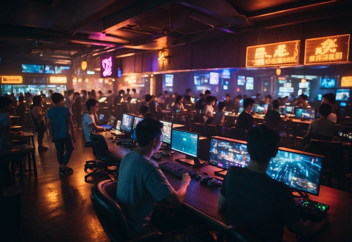 A bustling gaming cafe in Singapore with patrons engaged in various video games, surrounded by neon lights and futuristic decor