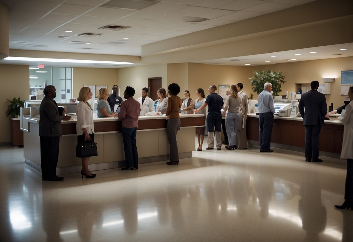 A bustling hospital reception area with people waiting in line, a prominent "Frequently Asked Questions" sign, and staff assisting patients