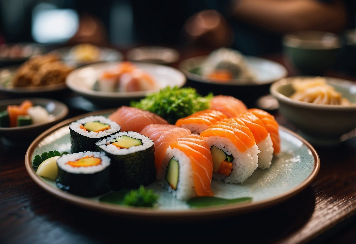 A bustling Japanese restaurant in Singapore, filled with traditional decor and diners enjoying sushi, sashimi, and other authentic dishes