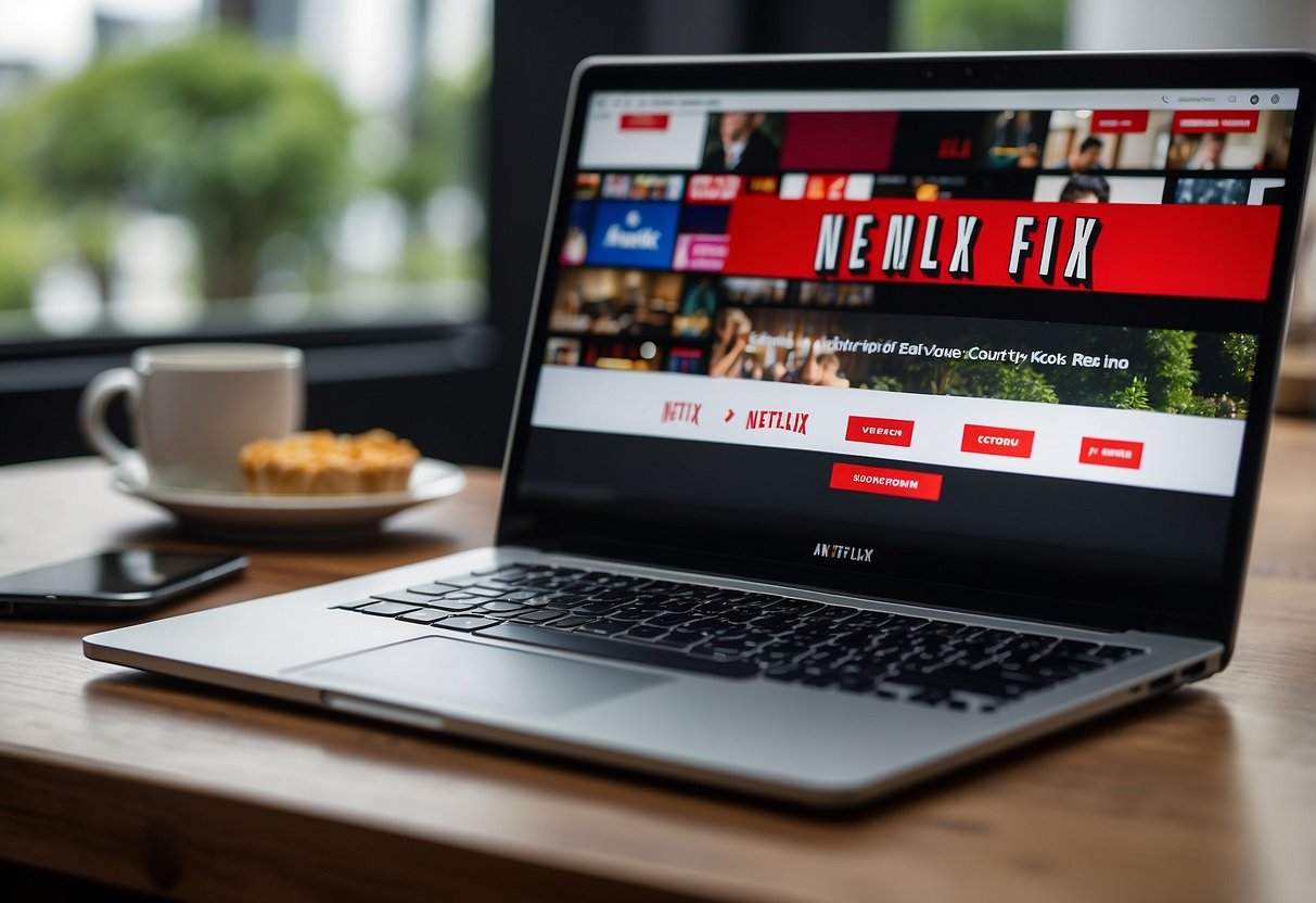 A laptop displaying Netflix homepage with different subscription plans, a Singapore flag in the background