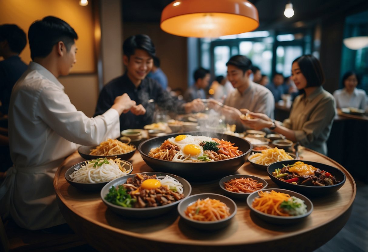 Customers enjoying traditional Korean dishes in a modern Singaporean restaurant. Vibrant colors and savory aromas fill the air as chefs skillfully prepare bibimbap and kimchi