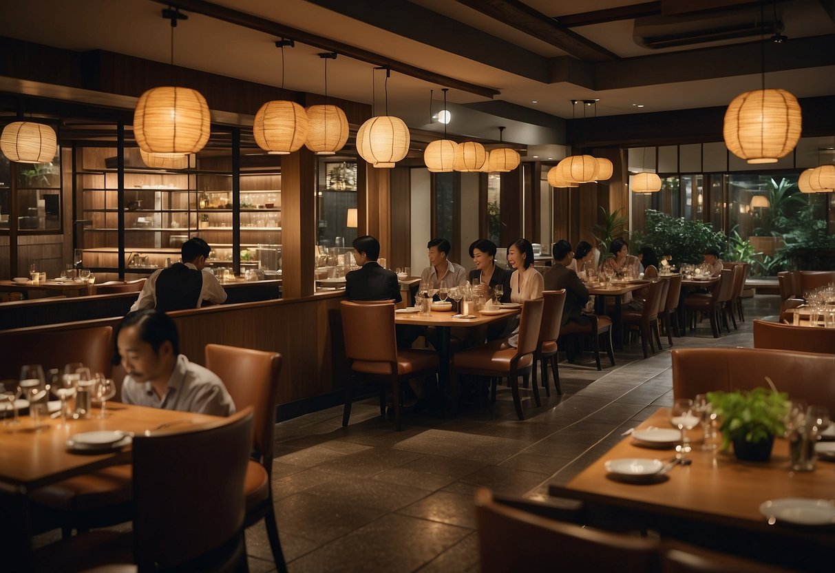 A bustling Japanese restaurant in Singapore, with diners enjoying their meals and waitstaff attending to tables. The menu prominently displays "Frequently Asked Questions" for customers