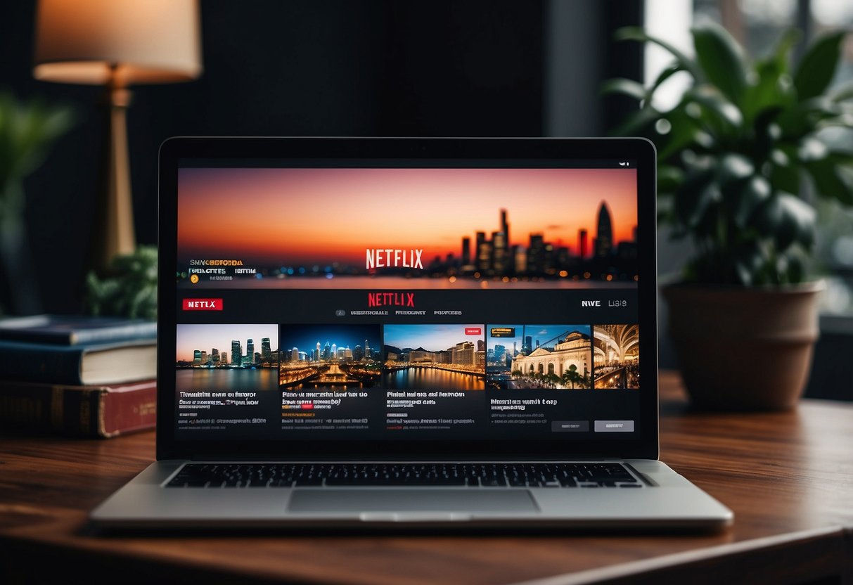 A laptop displaying the Netflix homepage with a Singapore subscription