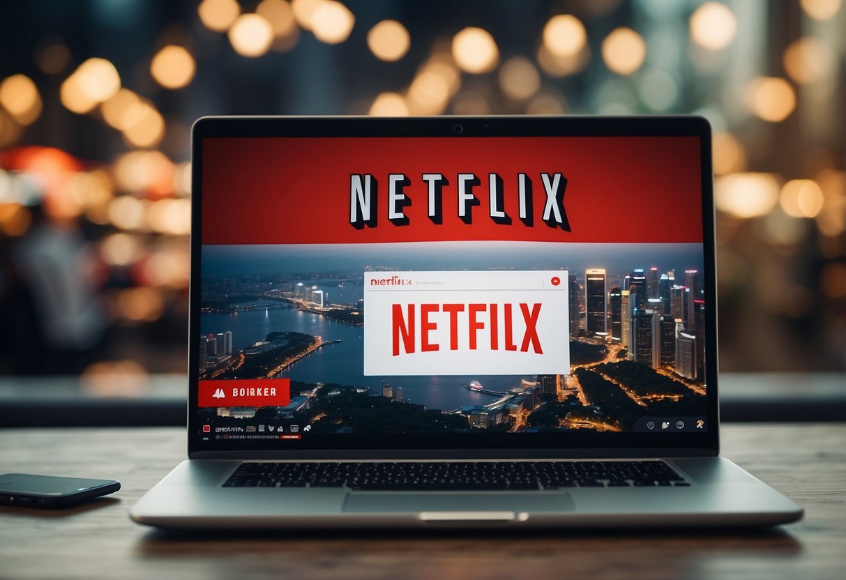 A laptop displaying the Netflix homepage with a Singapore flag in the background, surrounded by question marks and a FAQ section