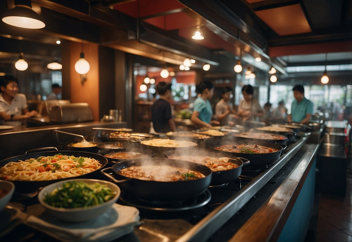 A bustling Korean restaurant in Singapore, with colorful interior and traditional decor. Customers enjoy sizzling BBQ and steaming hotpots at cozy tables
