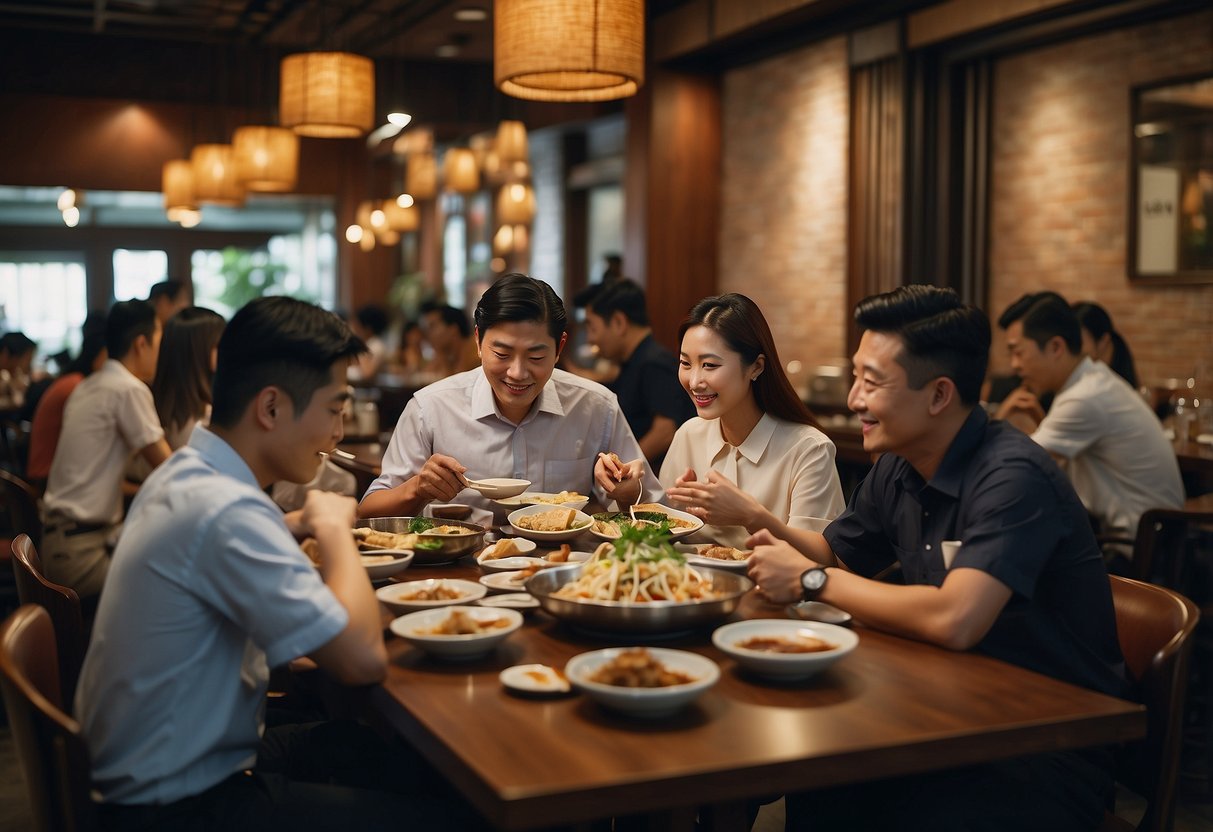 Customers enjoying traditional Korean dishes in a bustling Singapore restaurant, while staff members attend to tables and answer questions