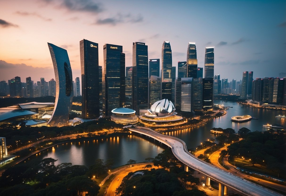A bustling cityscape with modern skyscrapers and bustling streets, showcasing the vibrant energy and urban development of Singapore