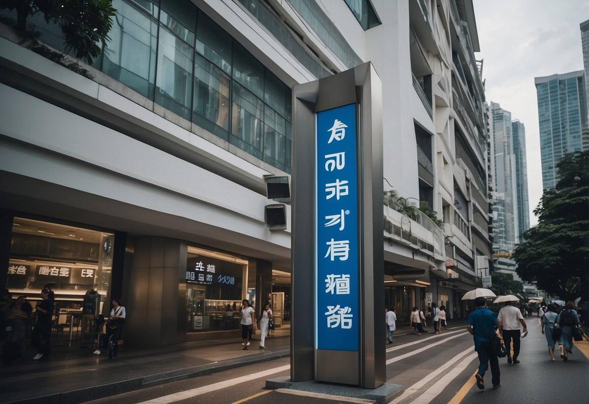 A bustling city street in Singapore, with iconic SBI bank signage and modern architecture