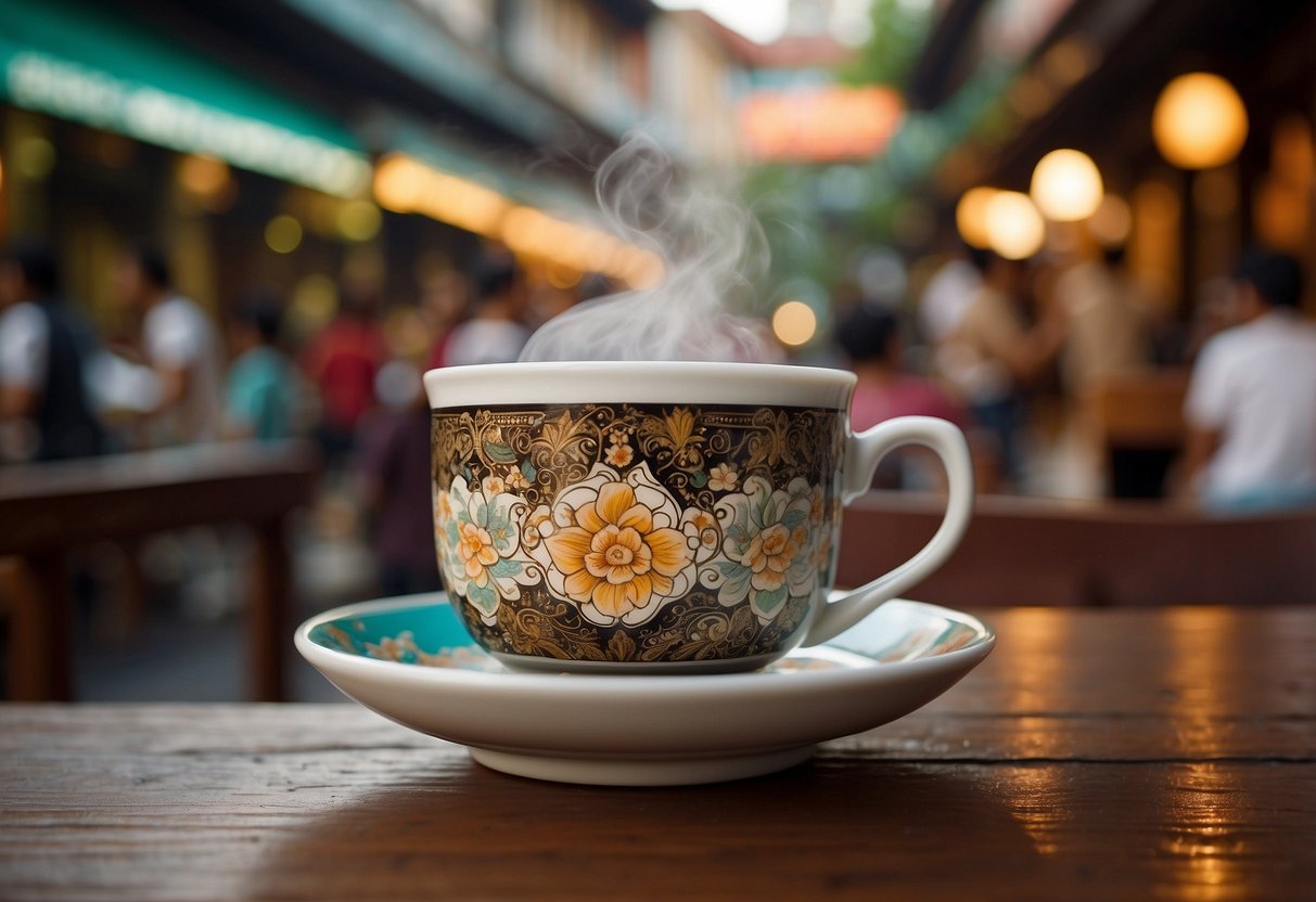 A steaming cup of Singaporean kopi, adorned with traditional Peranakan motifs, sits on a rustic wooden table. The rich aroma of the coffee fills the air, while a backdrop of bustling hawker stalls and colorful shophouses completes