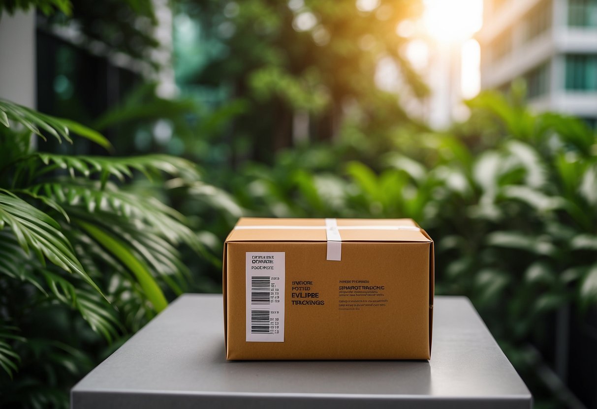 A package with a Singapore Post tracking label sits on a doorstep, surrounded by lush green foliage and a vibrant cityscape in the background