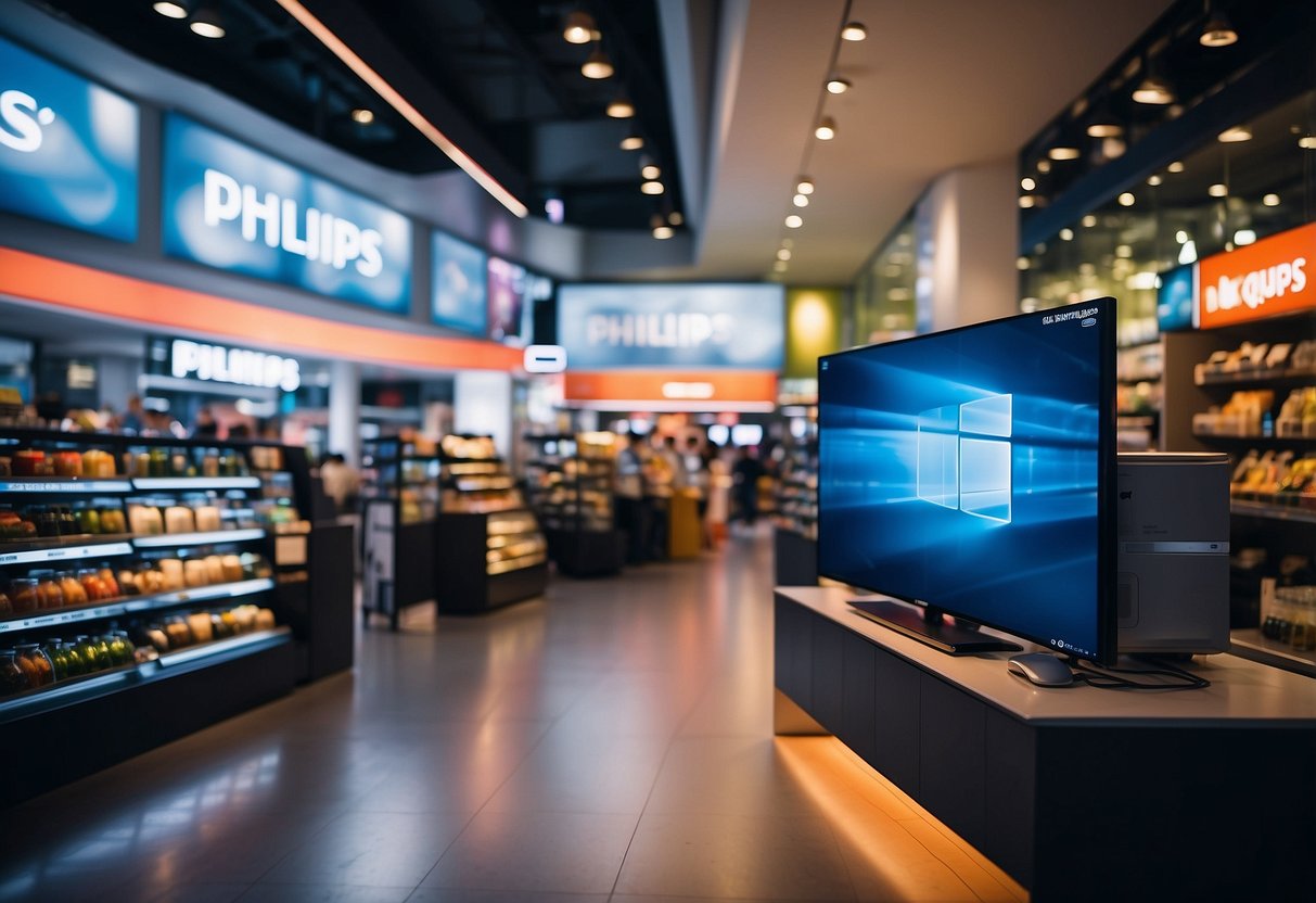 The bustling streets of Singapore showcase Philips products in vibrant displays at electronic stores
