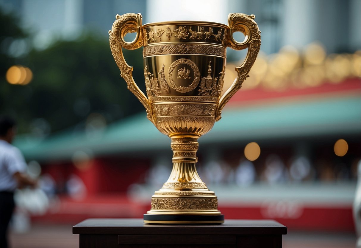 A grand trophy sits atop a pedestal, adorned with intricate designs and symbols of Singaporean culture, representing the rich history and significance of the Singapore Cup