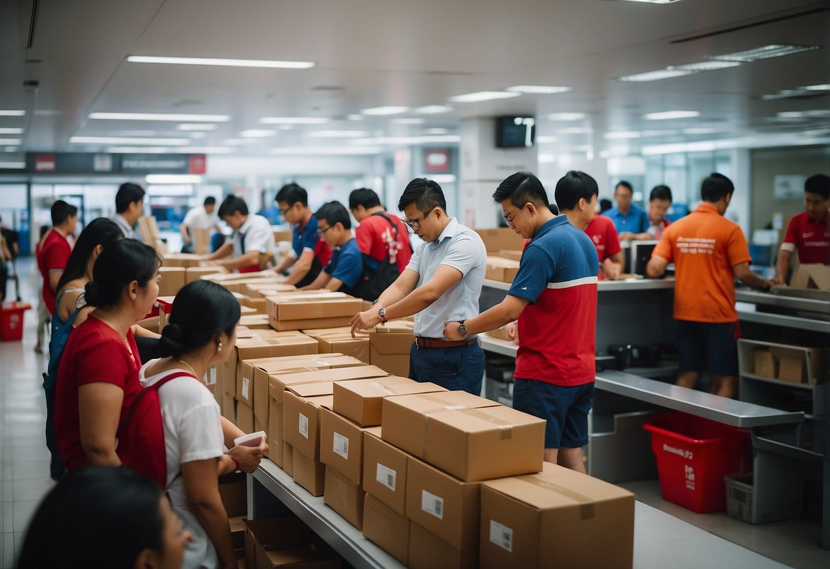 A bustling Singapore Post office with customers queuing, staff sorting parcels, and delivery trucks loading packages