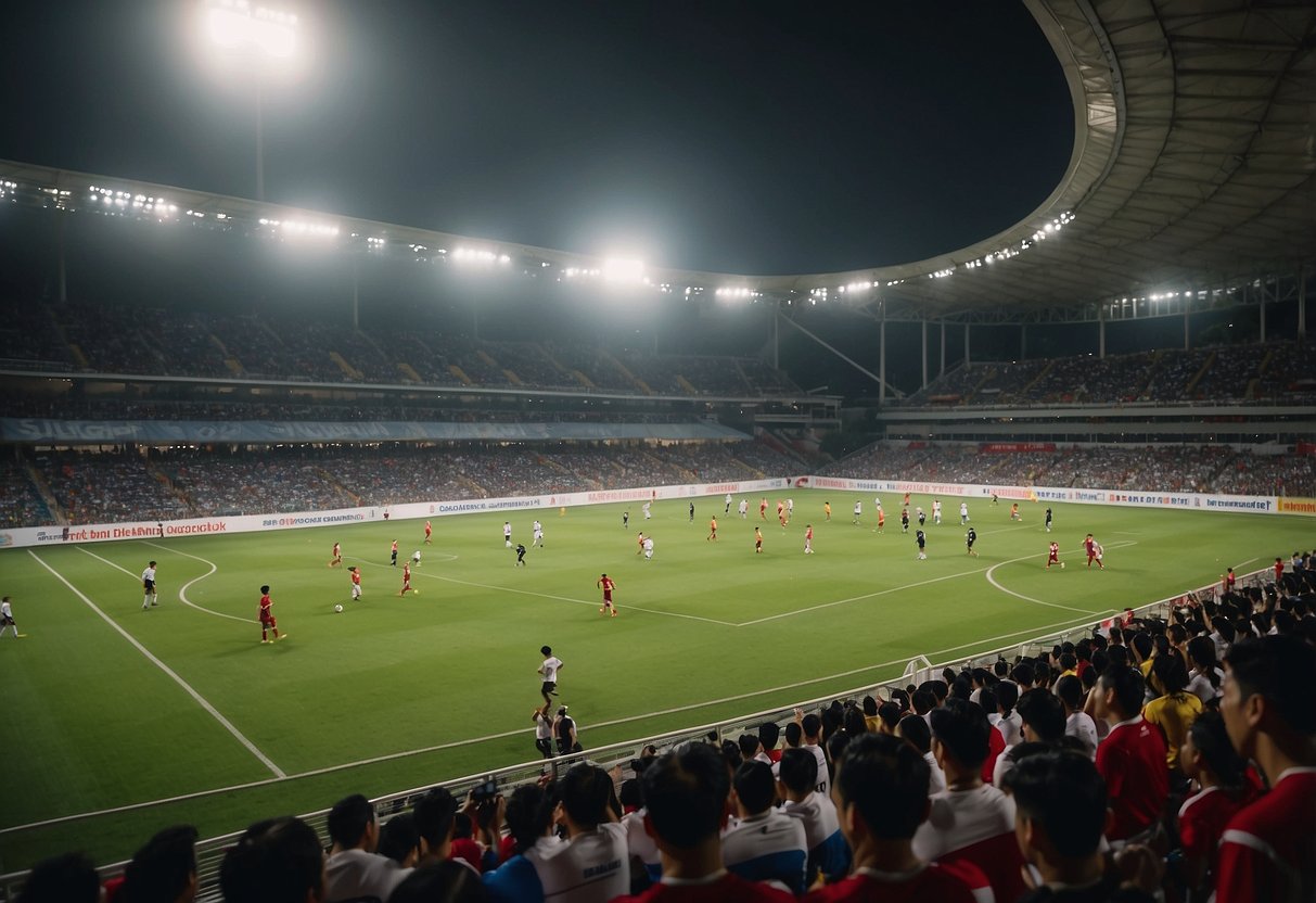 Teams compete in a soccer tournament at the Singapore Cup. The field is filled with players, and the crowd cheers from the stands