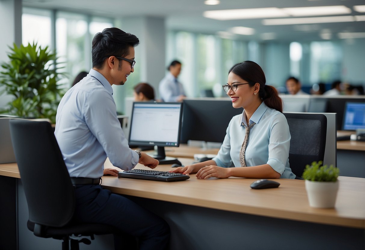 A customer service representative assists a client at SBI Singapore, with a clean and modern office setting