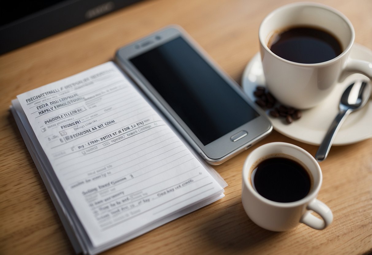 A table with a stack of paper, a laptop, and a cup of coffee. A sign reads "Frequently Asked Questions Singapore Cup."