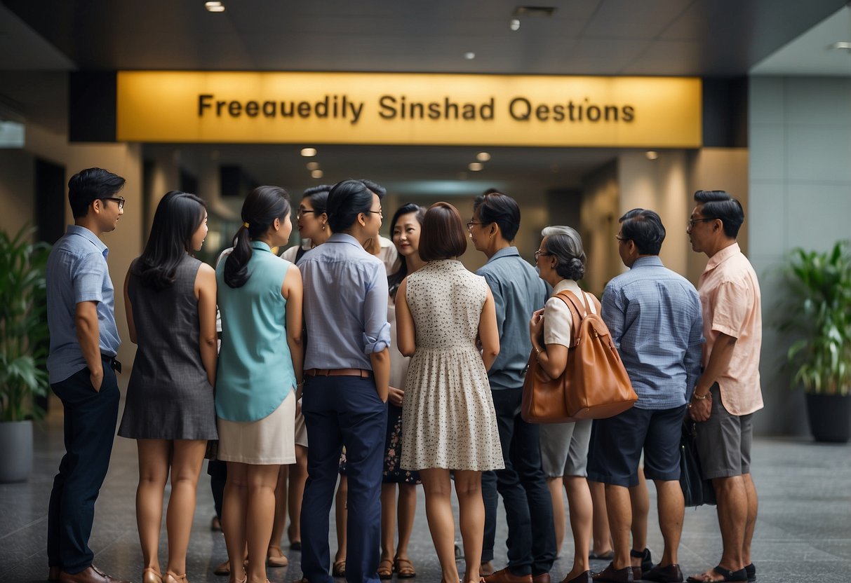 A group of people standing in line, waiting to ask questions at an SBI Singapore branch. The sign "Frequently Asked Questions" is prominently displayed