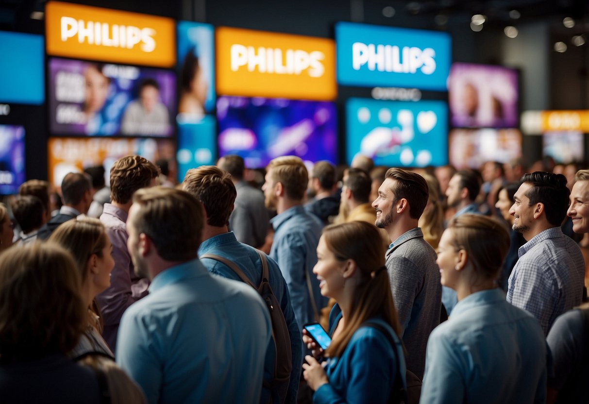 A crowd gathers around a display of Philips products, with colorful banners and promotional materials surrounding the area. Excitement and interest are evident as people engage with the products