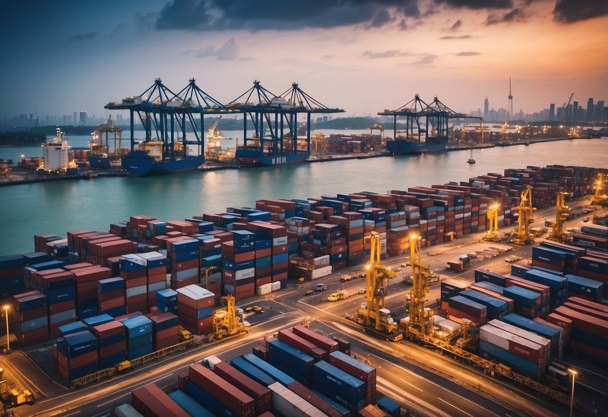 A cargo ship sails through the busy port of Singapore, surrounded by towering cranes and bustling dockworkers, as it prepares to embark on an international shipping journey
