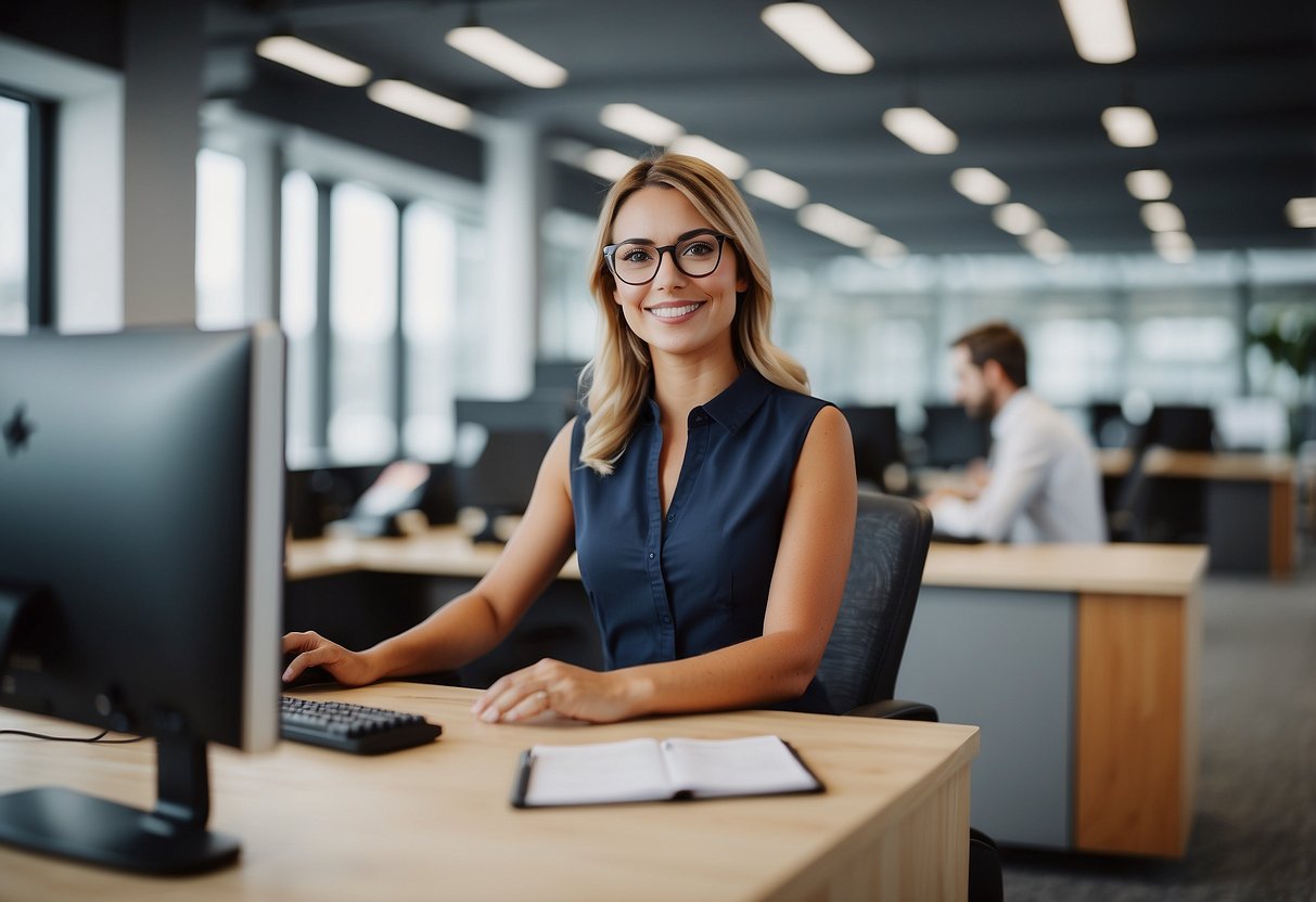A bright, modern office setting with a customer service representative assisting a customer with a smile