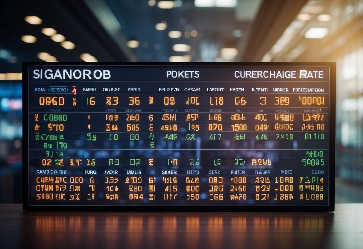 A currency exchange rate board displays "Singapore to USD" with fluctuating numbers and arrows