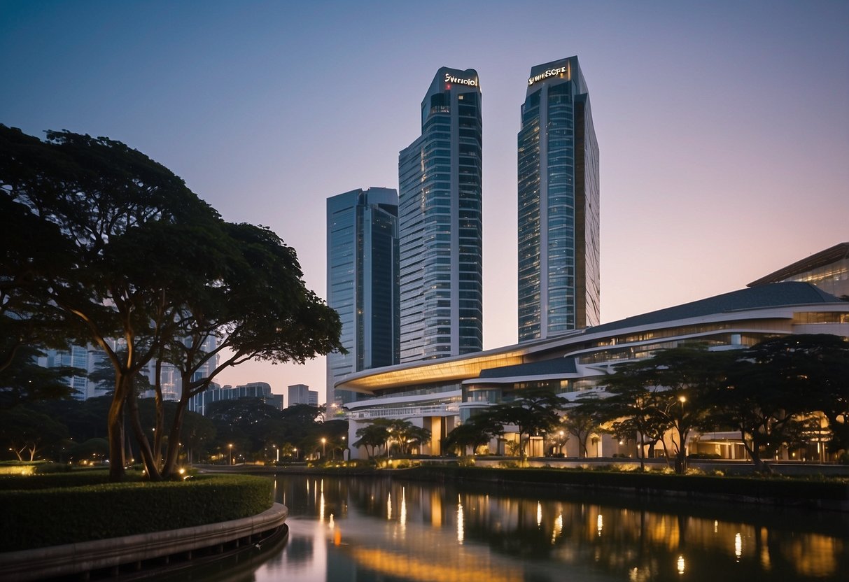 The iconic Swissotel The Stamford in Singapore, towering over the city skyline with its distinctive architecture and luxurious amenities