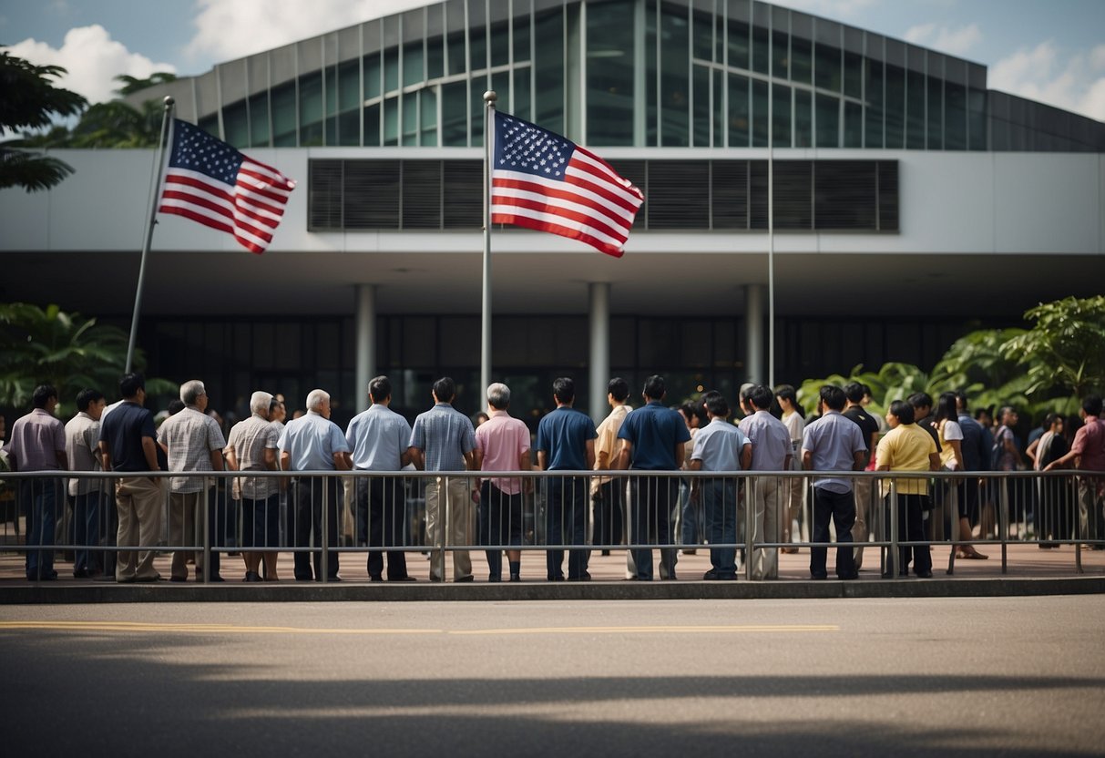 People waiting in line outside the U.S. Embassy in Singapore. The building's facade features the American flag and security personnel at the entrance