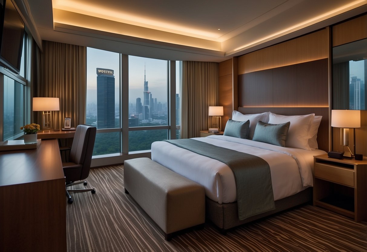 A cozy, well-furnished hotel room at Swissotel The Stamford in Singapore, with a plush bed, soft lighting, and a view of the city skyline