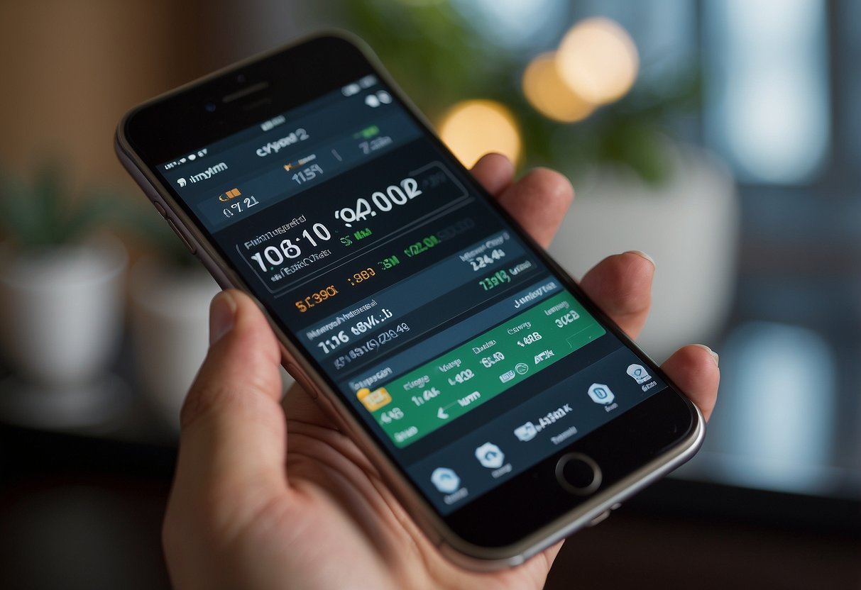A hand holding a smartphone with a currency converter app open, showing the exchange rate from Singapore dollars to US dollars on the screen