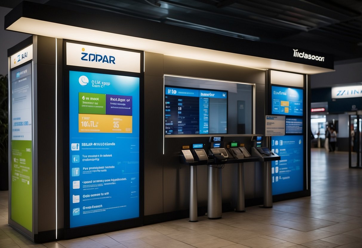 Passengers booking flights at a zipair Singapore kiosk, with a sleek and modern design. The kiosk is illuminated with soft lighting, and the logo is prominently displayed
