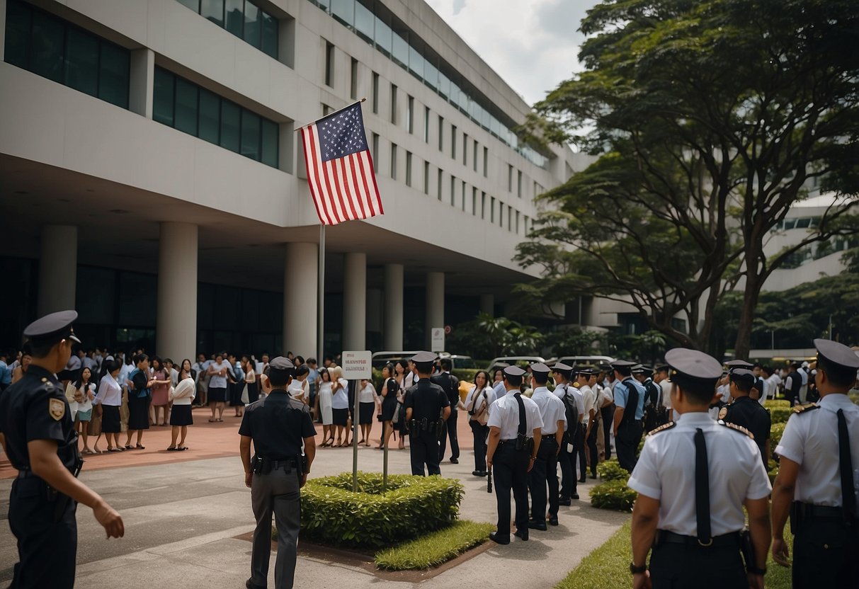 The US Embassy in Singapore, with a line of people waiting to enter, flags waving in the breeze, and security personnel standing guard