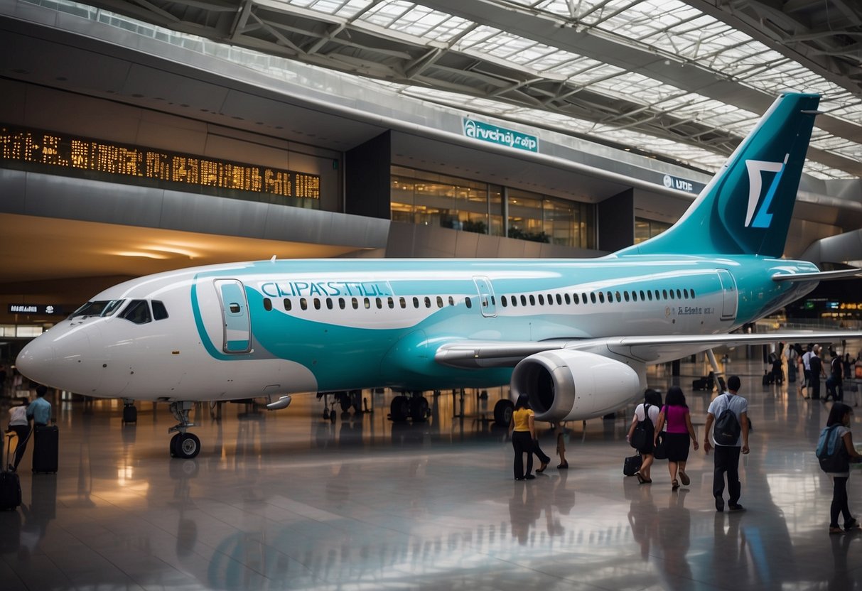 Passengers boarding a sleek Zipair plane at Changi Airport. The aircraft's bold logo and vibrant colors stand out against the backdrop of the bustling airport terminal