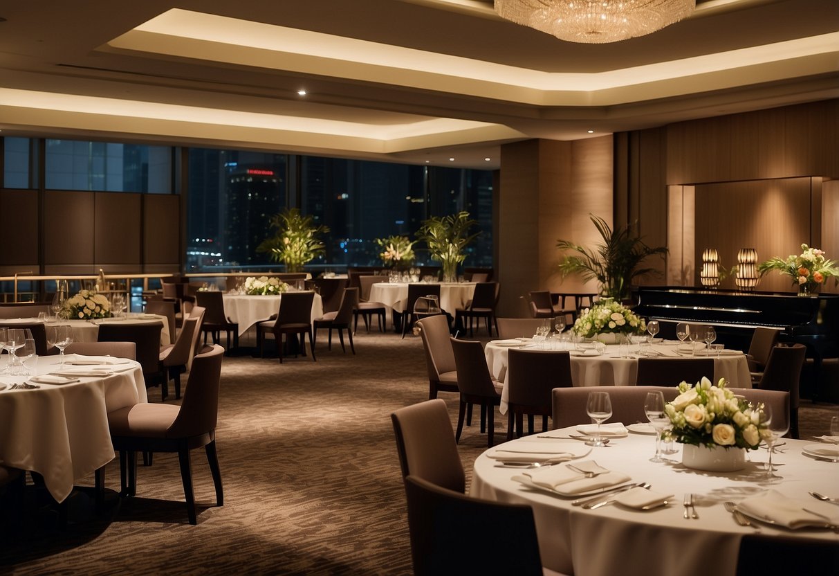 A bustling dining area with elegant tables and a stage for live entertainment at Swissotel The Stamford Singapore