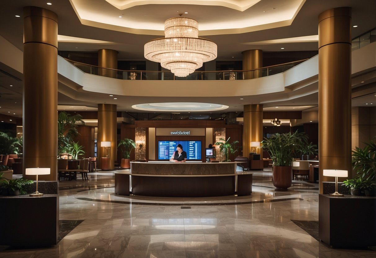The lobby of Swissotel The Stamford, bustling with guests. A prominent sign reads "Frequently Asked Questions" in bold letters. Staff assist customers at the front desk