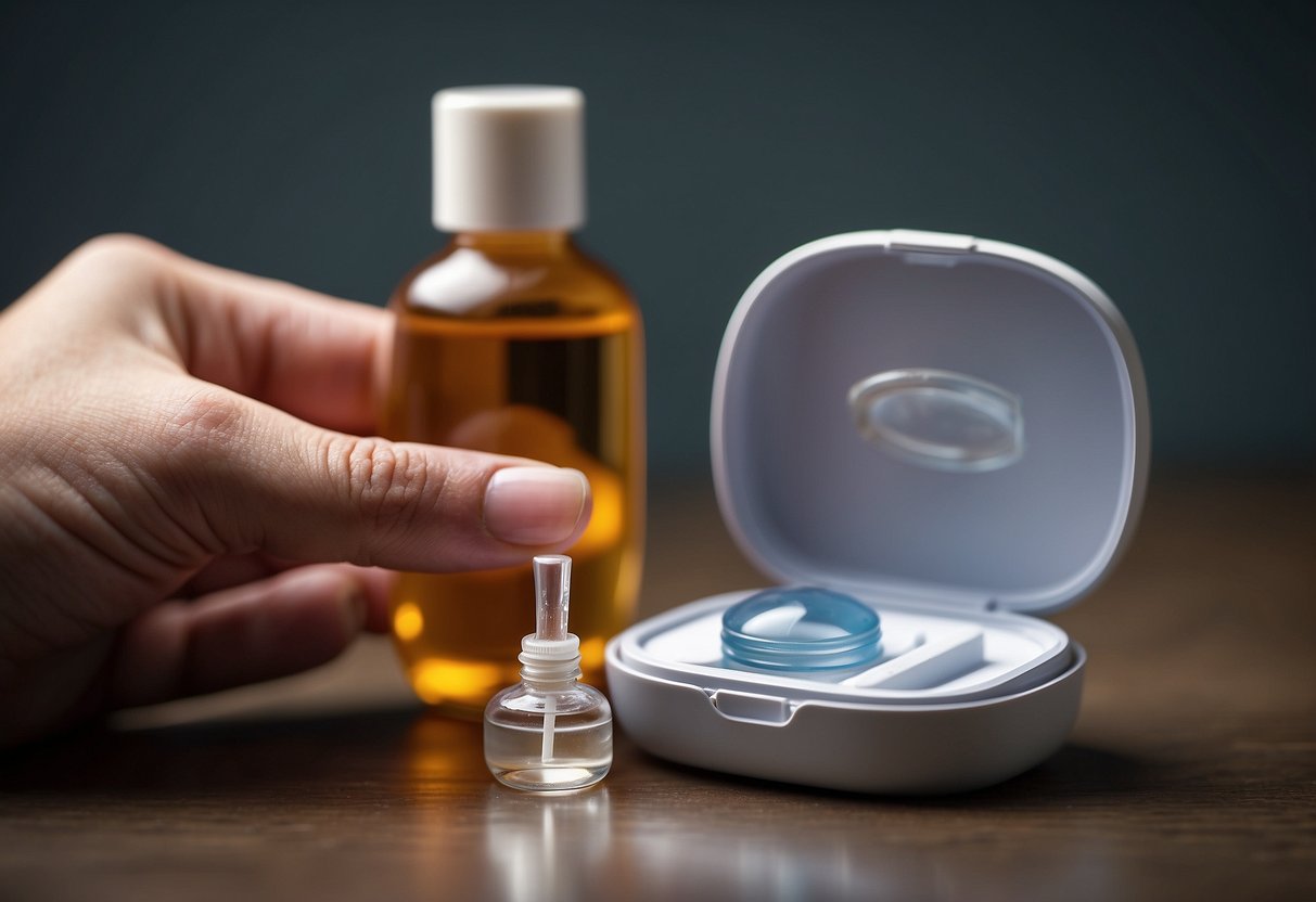 A hand holding a contact lens case, with a bottle of contact lens solution and a pair of tweezers on a clean, well-lit surface