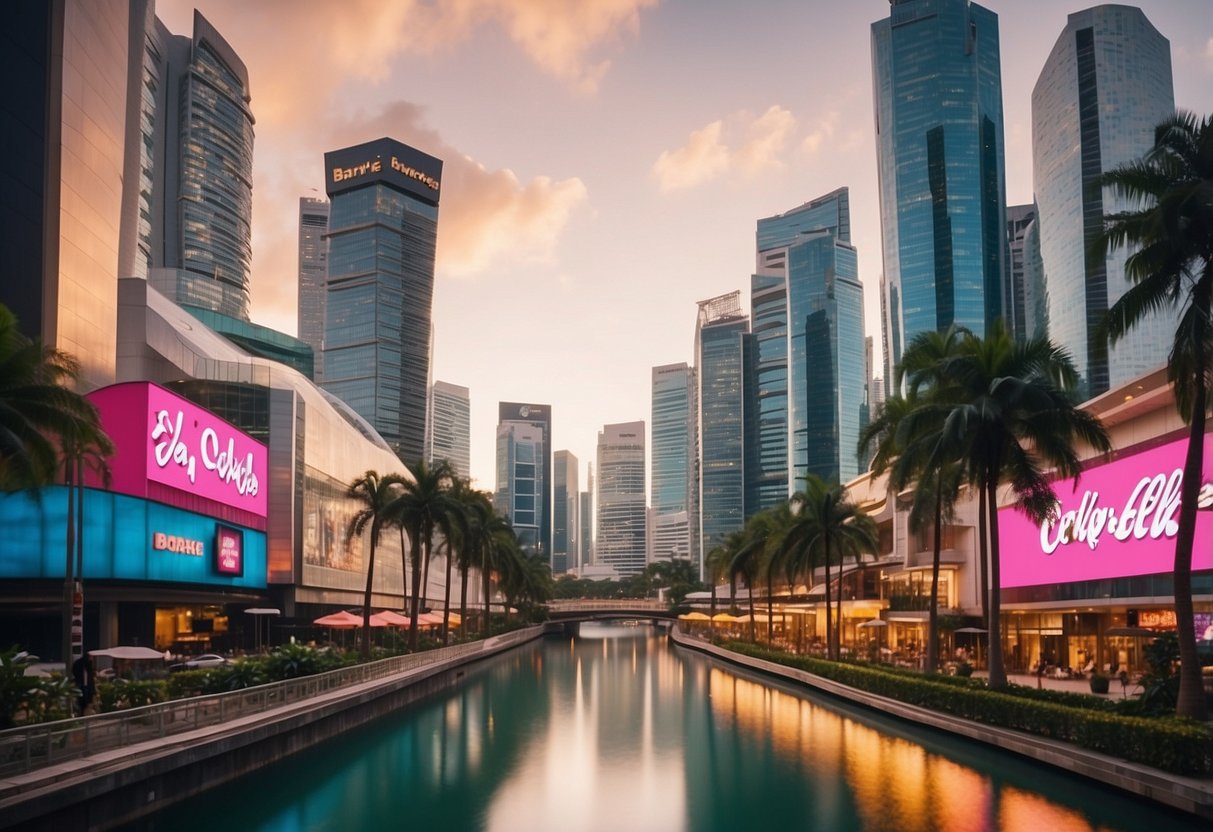 A bustling cityscape in Singapore with colorful buildings and palm trees, featuring a prominent billboard advertising a Barbie movie