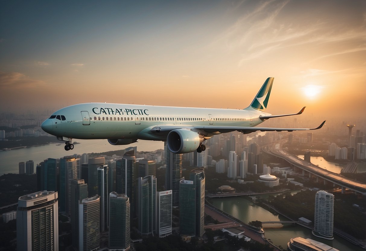 A Cathay Pacific airplane flying over the iconic Singapore skyline at sunset
