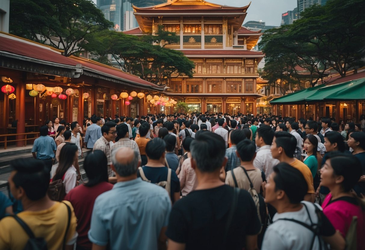 A bustling movie set in Singapore with colorful props and intricate backdrops