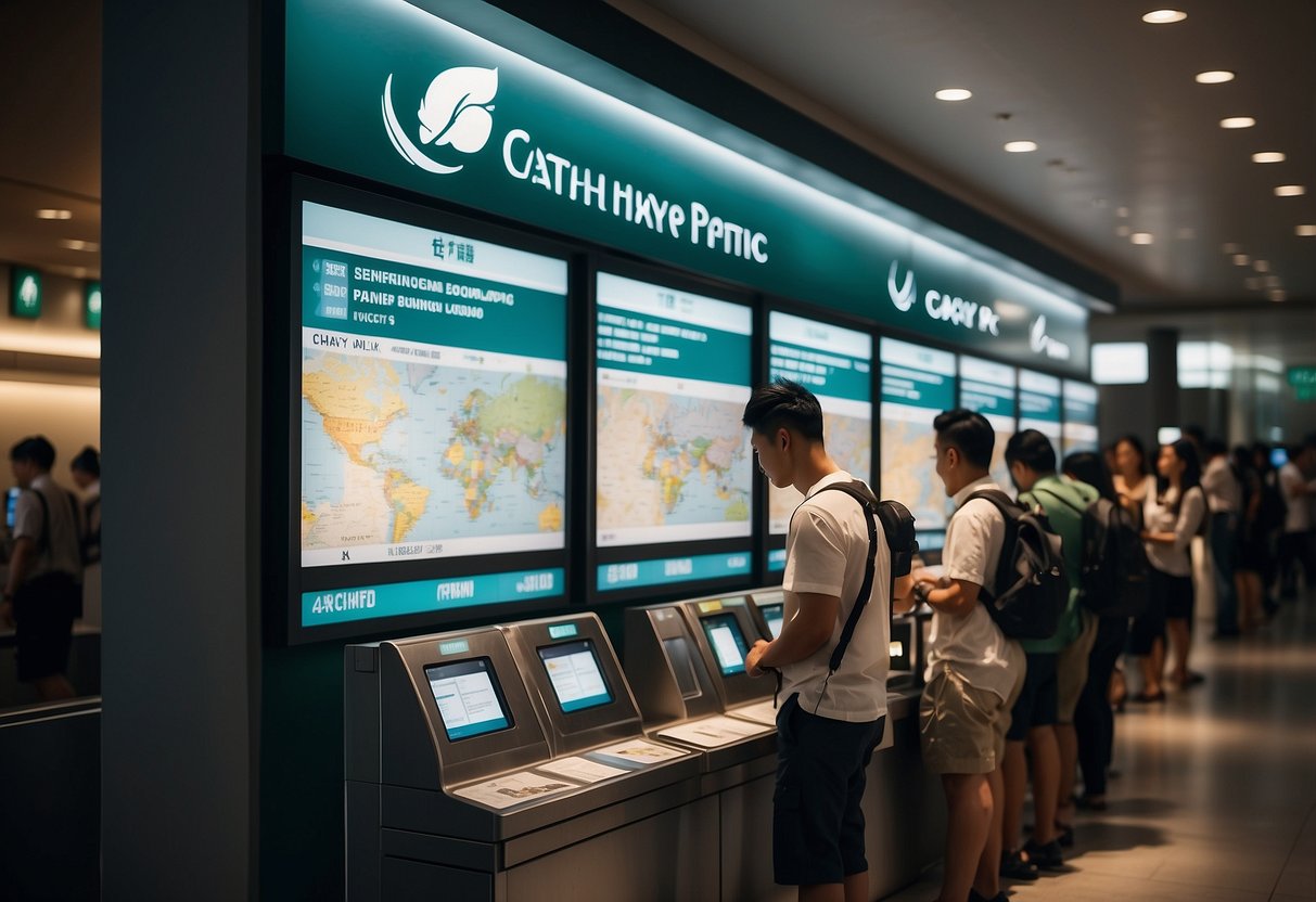 Passengers browsing travel brochures at the Cathay Pacific ticket counter in Singapore, with a world map on the wall and a flight schedule display